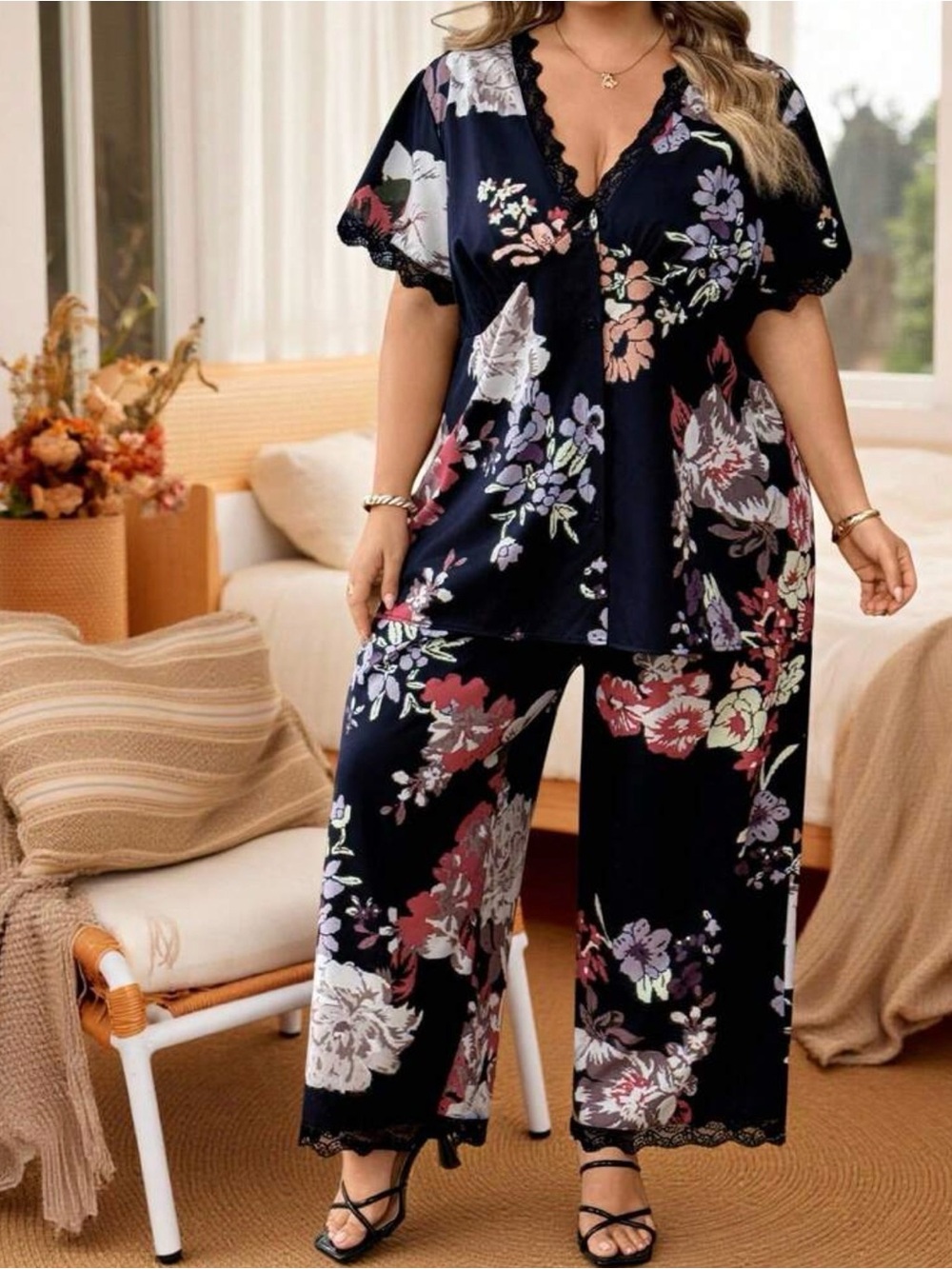 SHEIN Black Floral Lace-Trim Wide Leg Jumpsuit Set